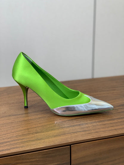 Prada Pumps 8.5cm Green Satin Sliver Patent Leather 896186