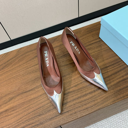 Prada Pumps 8.5cm Red Satin Sliver Patent Leather 896188