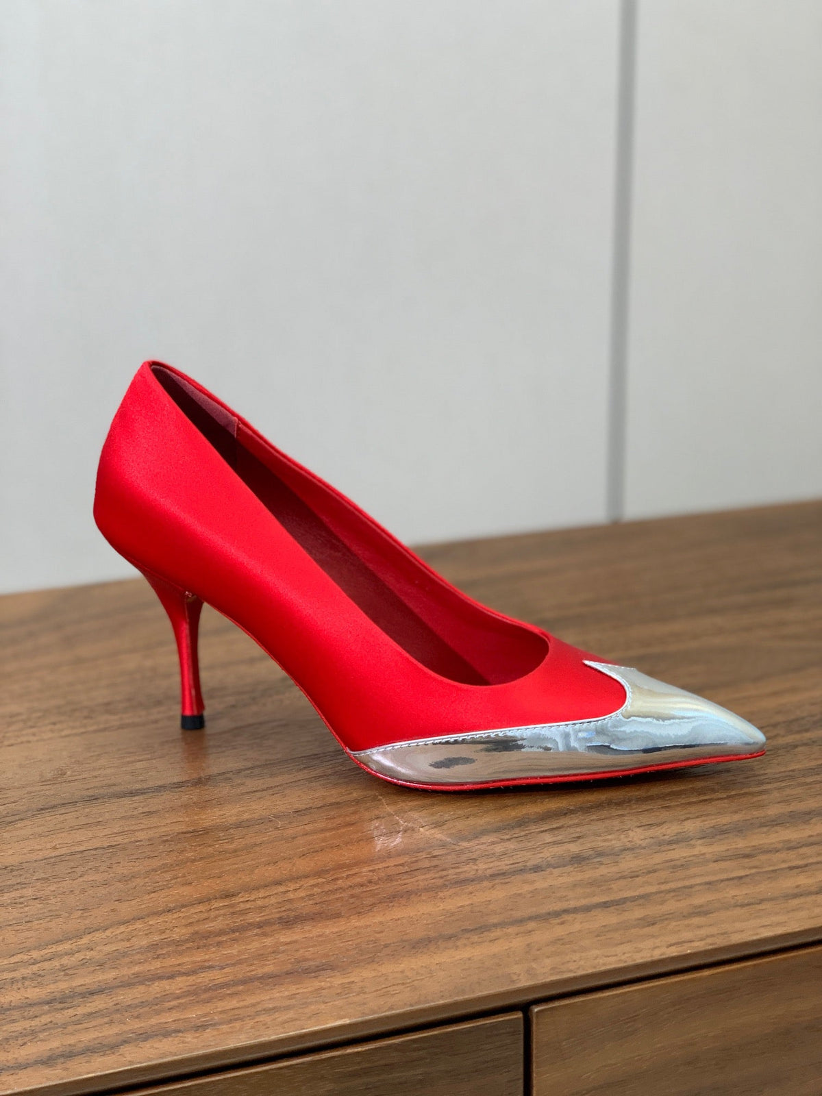 Prada Pumps 8.5cm Red Satin Sliver Patent Leather 896189