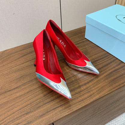 Prada Pumps 8.5cm Red Satin Sliver Patent Leather 896189