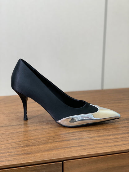 Prada Pumps 8.5cm Black Satin Sliver Patent Leather 896191
