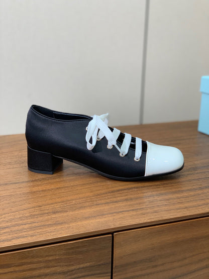 Prada 25s Mary Jane Shoes 55mm Black Satin White Patent Leather