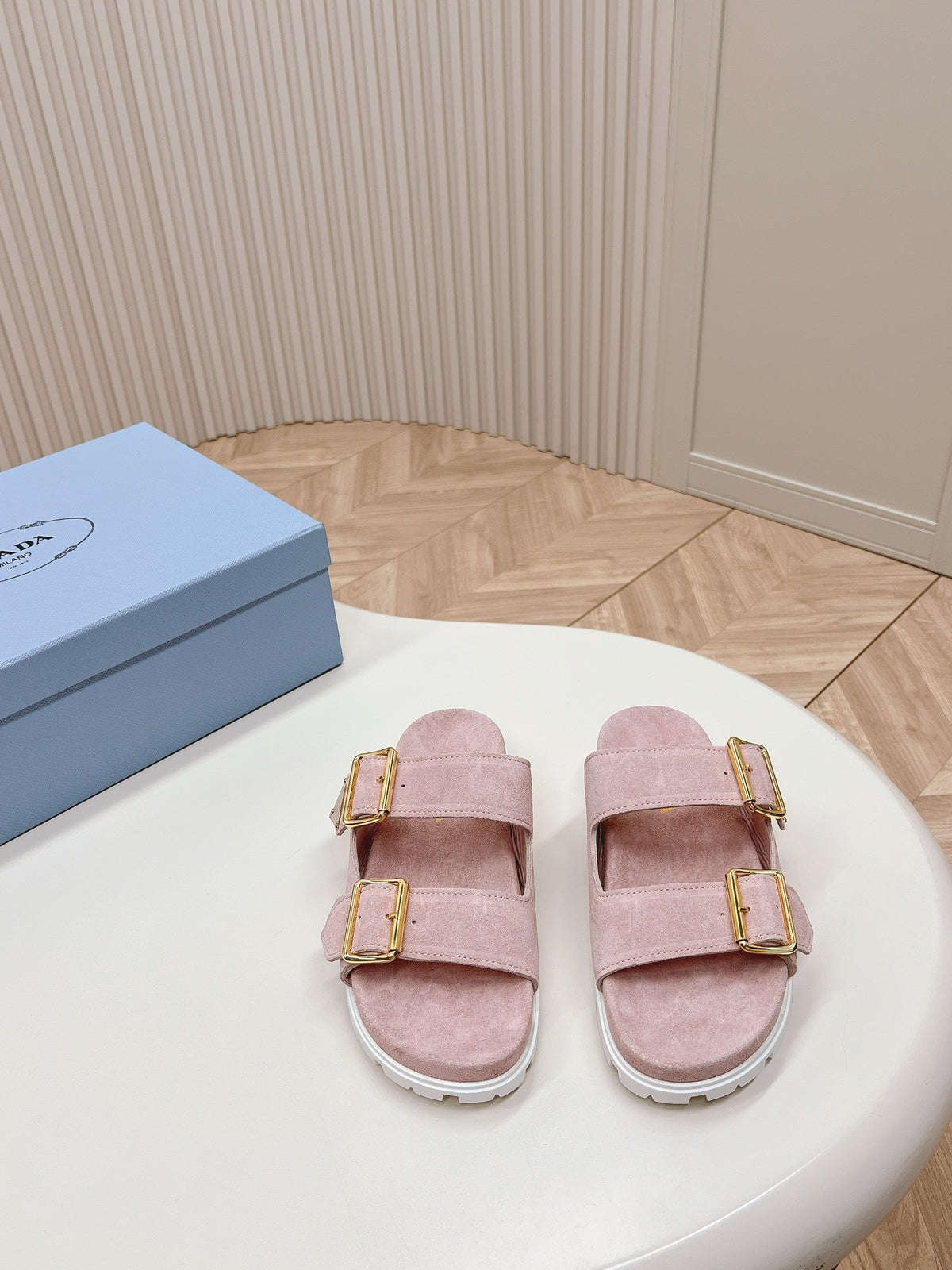Double Buckle Strap Slides 20 Pink Suede