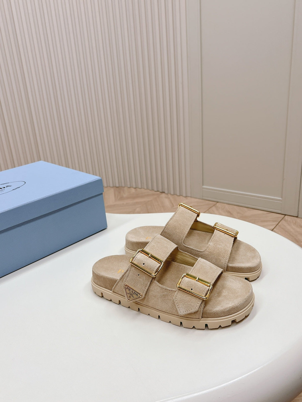 Double Buckle Strap Slides 20 Light Brown Suede