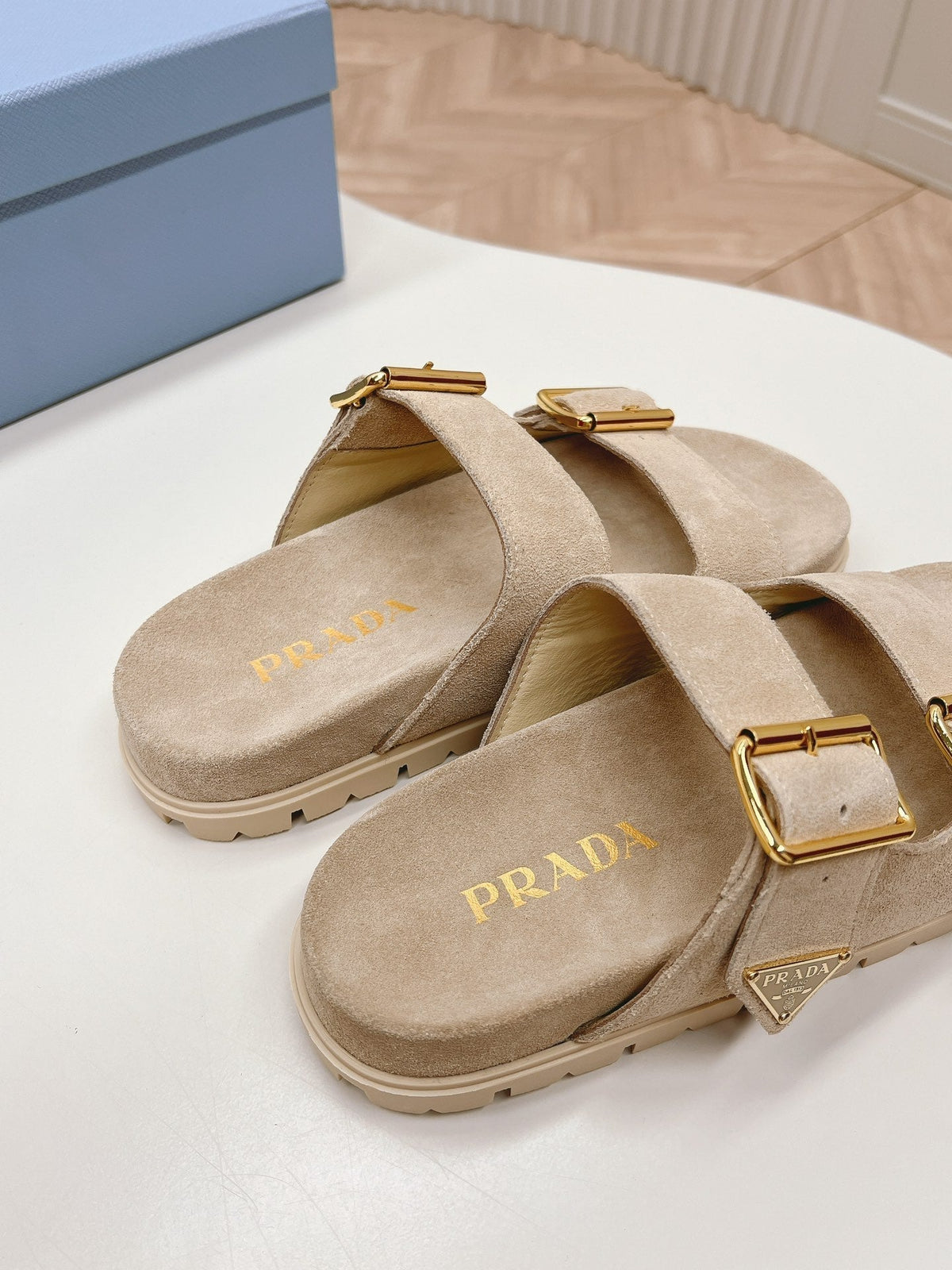 Double Buckle Strap Slides 20 Light Brown Suede