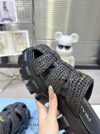 Prada Monolith Sandals 55mm Black Raffia Cowhide