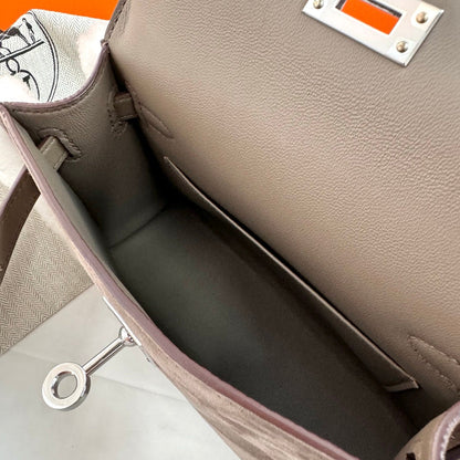 Hermes 2026 Mini Kelly Bag Etoupe Suede Wool 284469