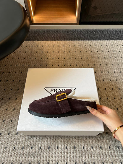 Prada 26s Clogs Dark Brown Suede Shearling 971693