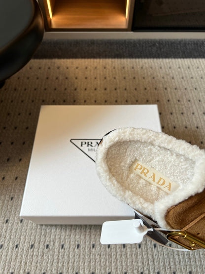 Prada 26s Clogs Brown Suede Shearling 971694