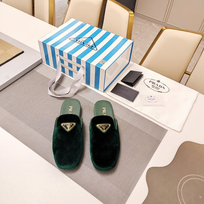Prada 26s Square Toe Slippers In Dark Green Velvet