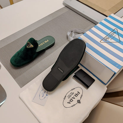 Prada 26s Square Toe Slippers In Dark Green Velvet