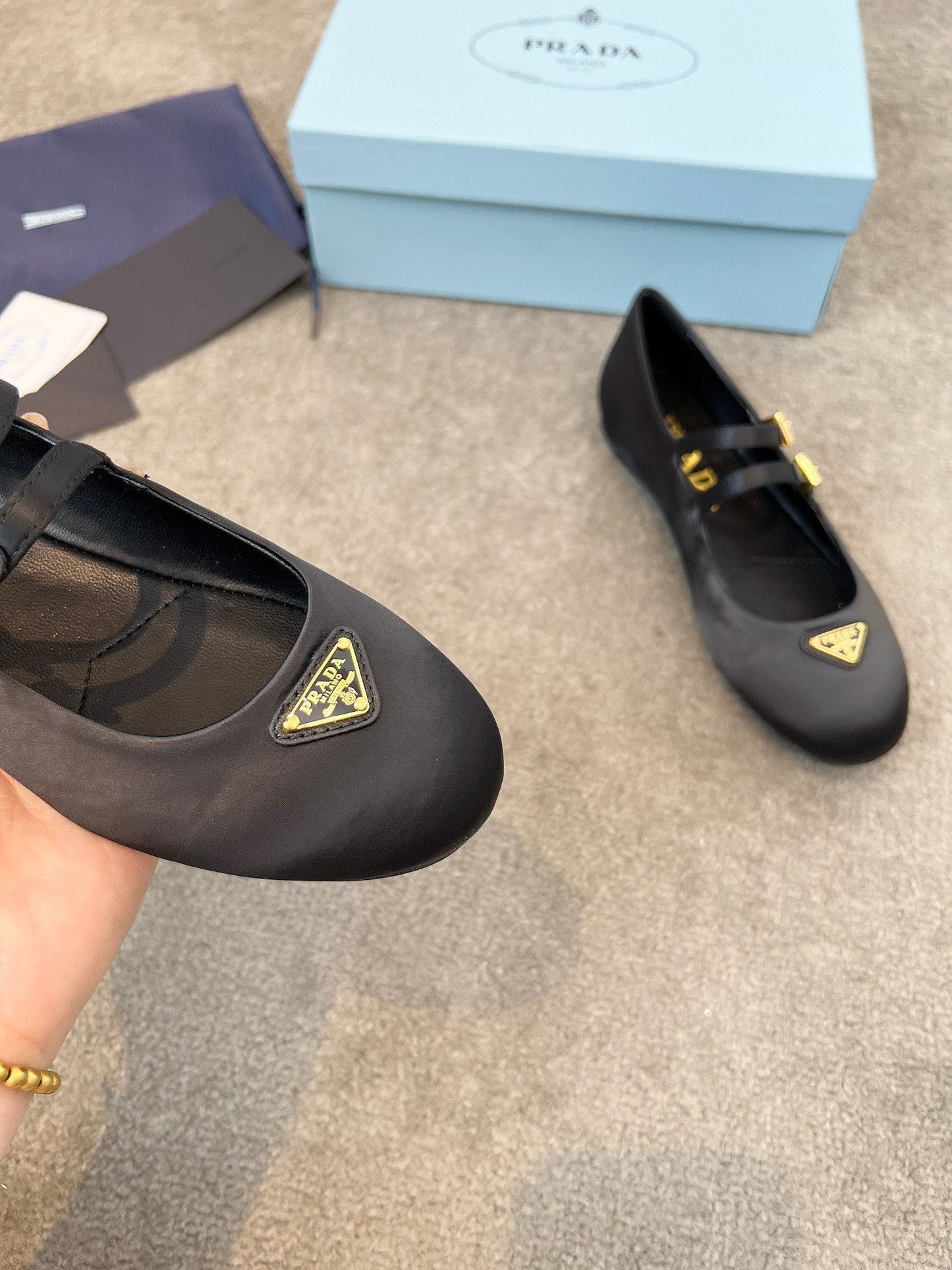 Prada 25th Double Strap Ballet Flats Black Satin 564124