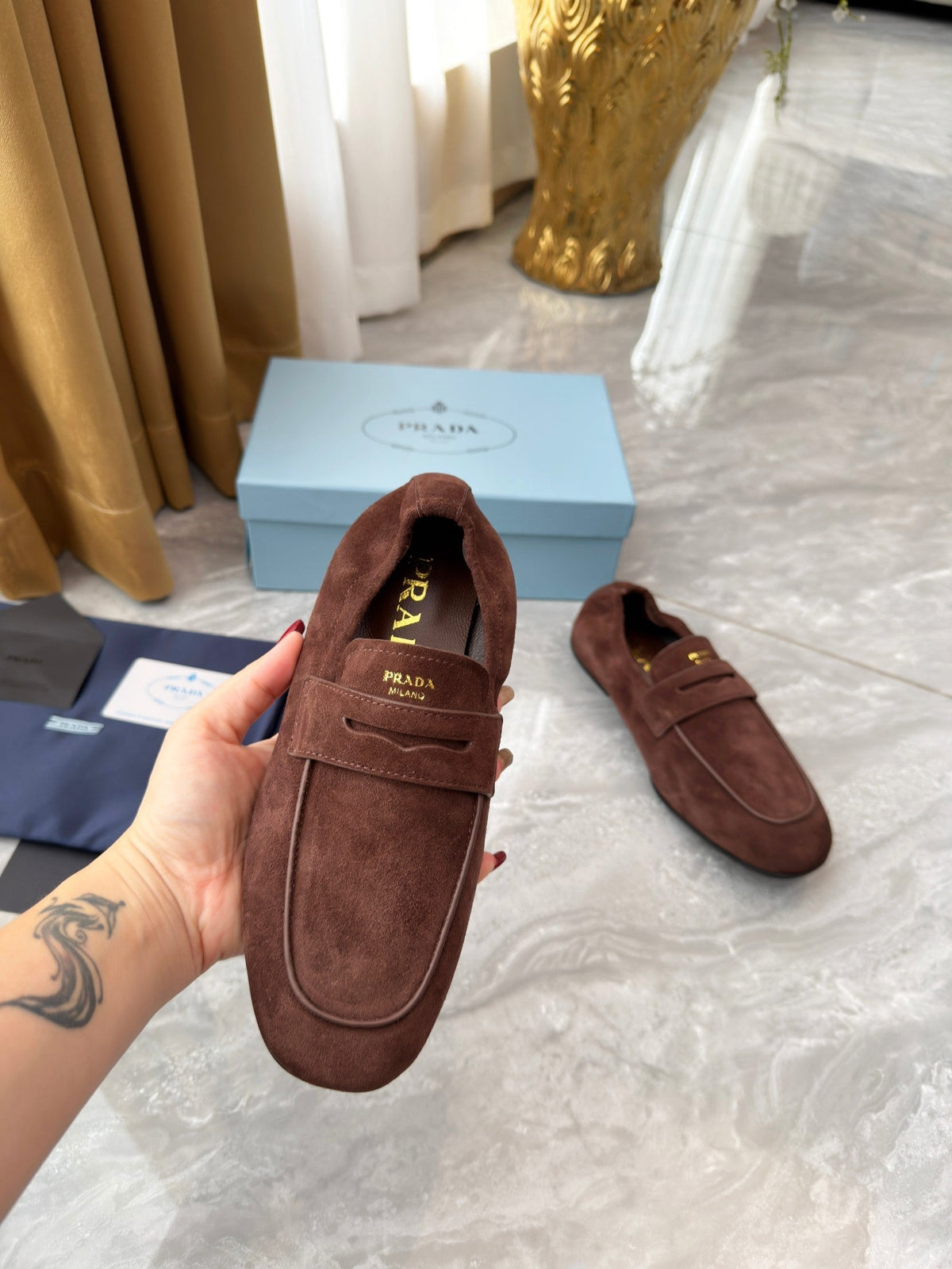 Prada 25SS Casual Elastic Loafers Warm Clay Suede 564181