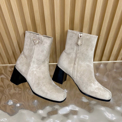 Prada 25 Boot Beige Black Suede 498221