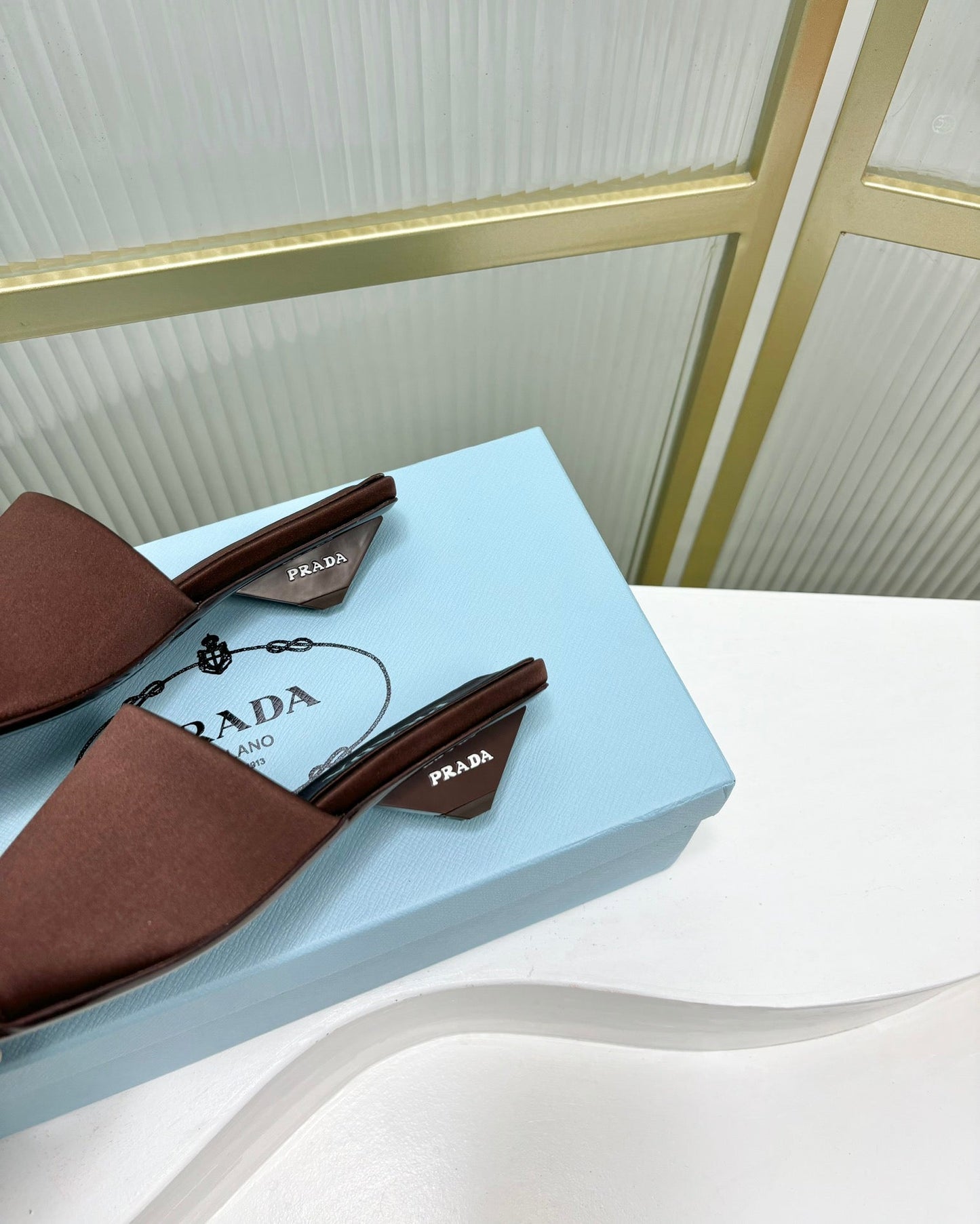 PRA TRIANGLE HEEL SATIN SLIPPERS BROWN