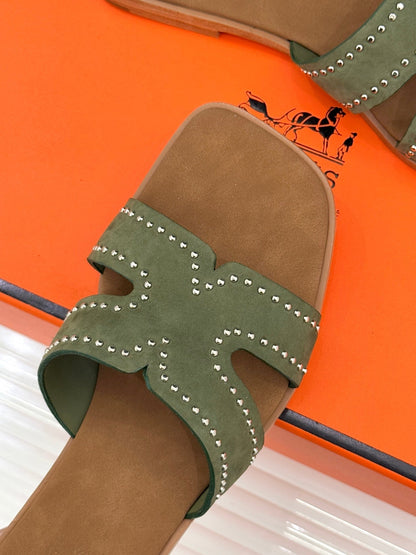 HM 26ss Flat Slippers Brown Green Suede 642829