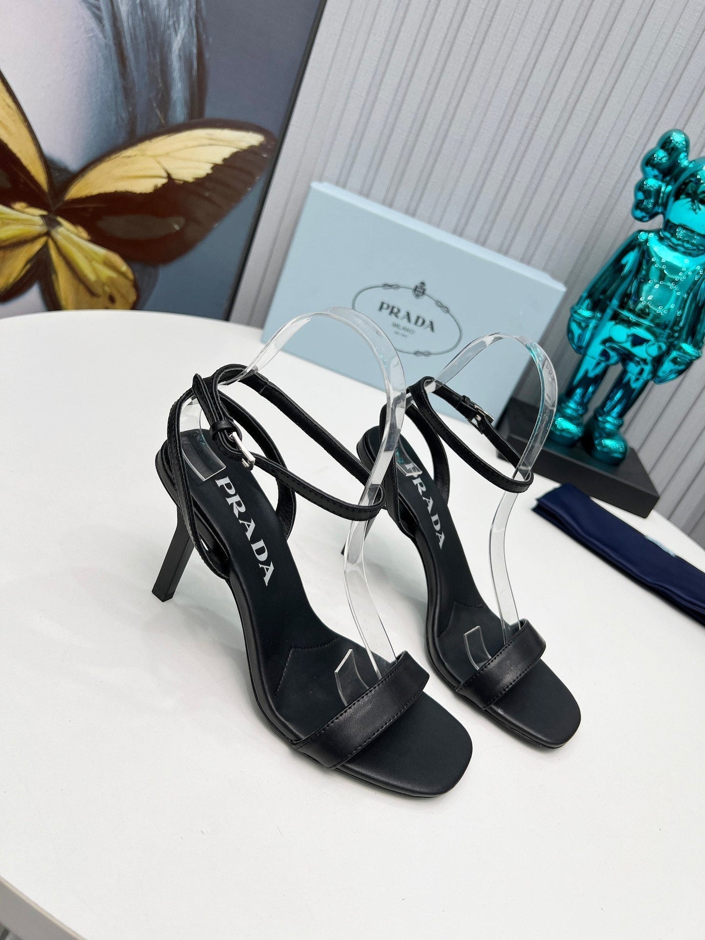 Prada 26s Ankle Strap Sandals Stiletto Heel 80mm In Black Satin