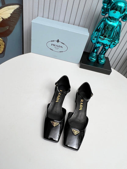 Prada 26s Ankle Strap Pumps 40mm In Black Patent Calfskin Triangle Logo