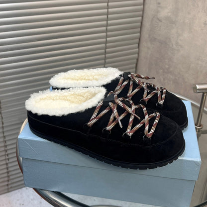Prada 26s Mules Lace-up Black Suede Shearing 952897