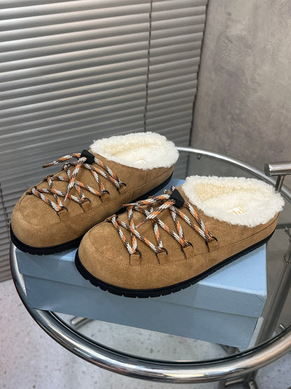 Prada 26s Mules Lace-up Brown Suede Shearing 952900