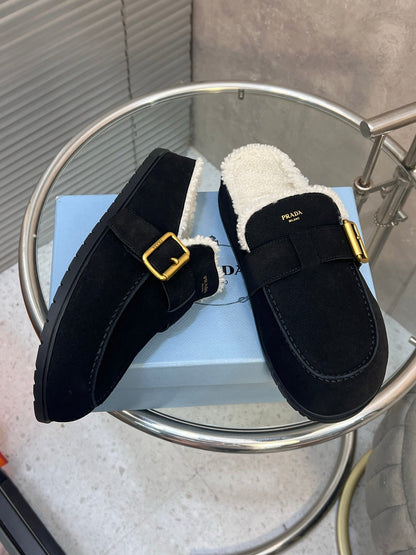 Prada 26s Mules Black Suede Shearing 952903