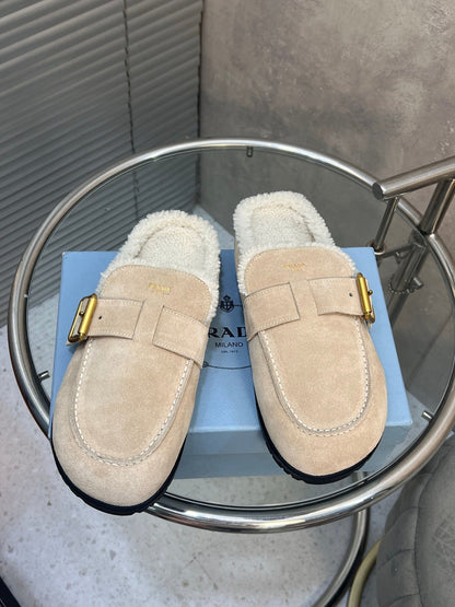 Prada 26s Mules Desert Beige Suede Shearing 952904