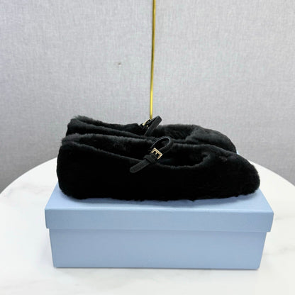 Prada 26s Ballerina Flats Strap With Buckle Black Fur 973283