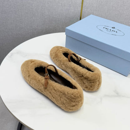 Prada 26s Ballerina Flats Strap With Buckle Khaki Fur 973288