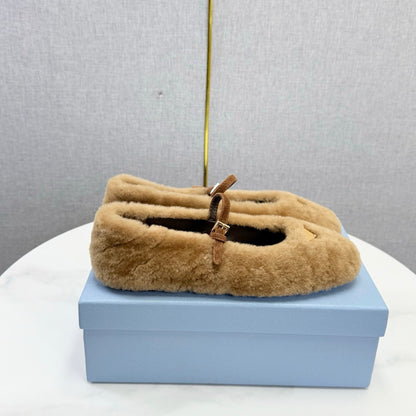 Prada 26s Ballerina Flats Strap With Buckle Khaki Fur 973288