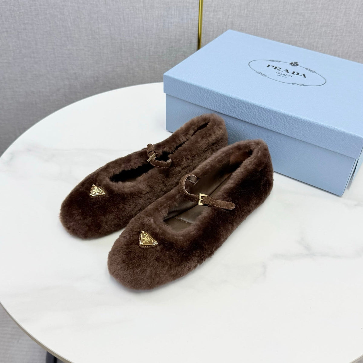 Prada 26s Ballerina Flats Strap With Buckle Brown Fur 973289