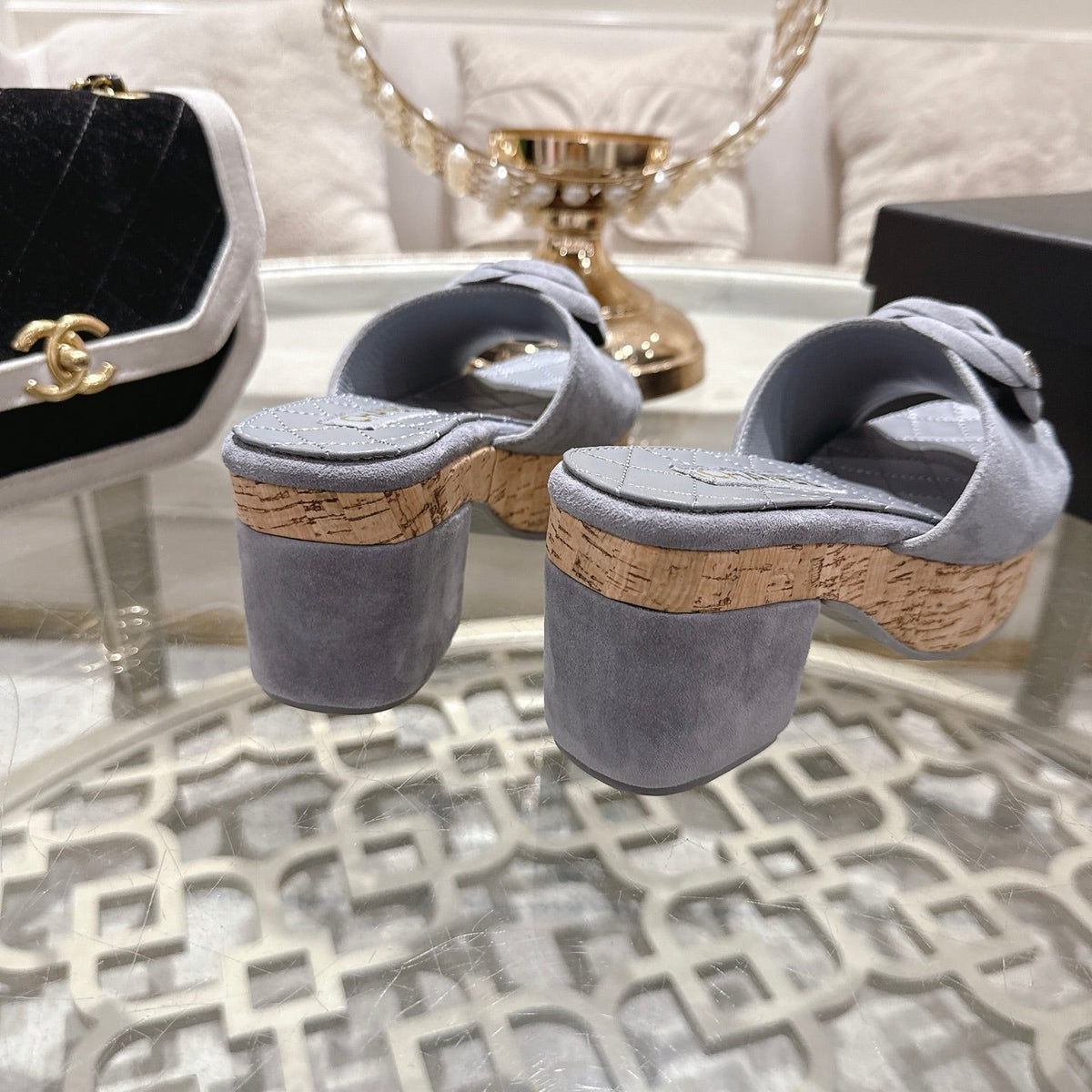 CC 26s Camellia Platform Slippers 65 Light Blue Grey Lambskin 627051