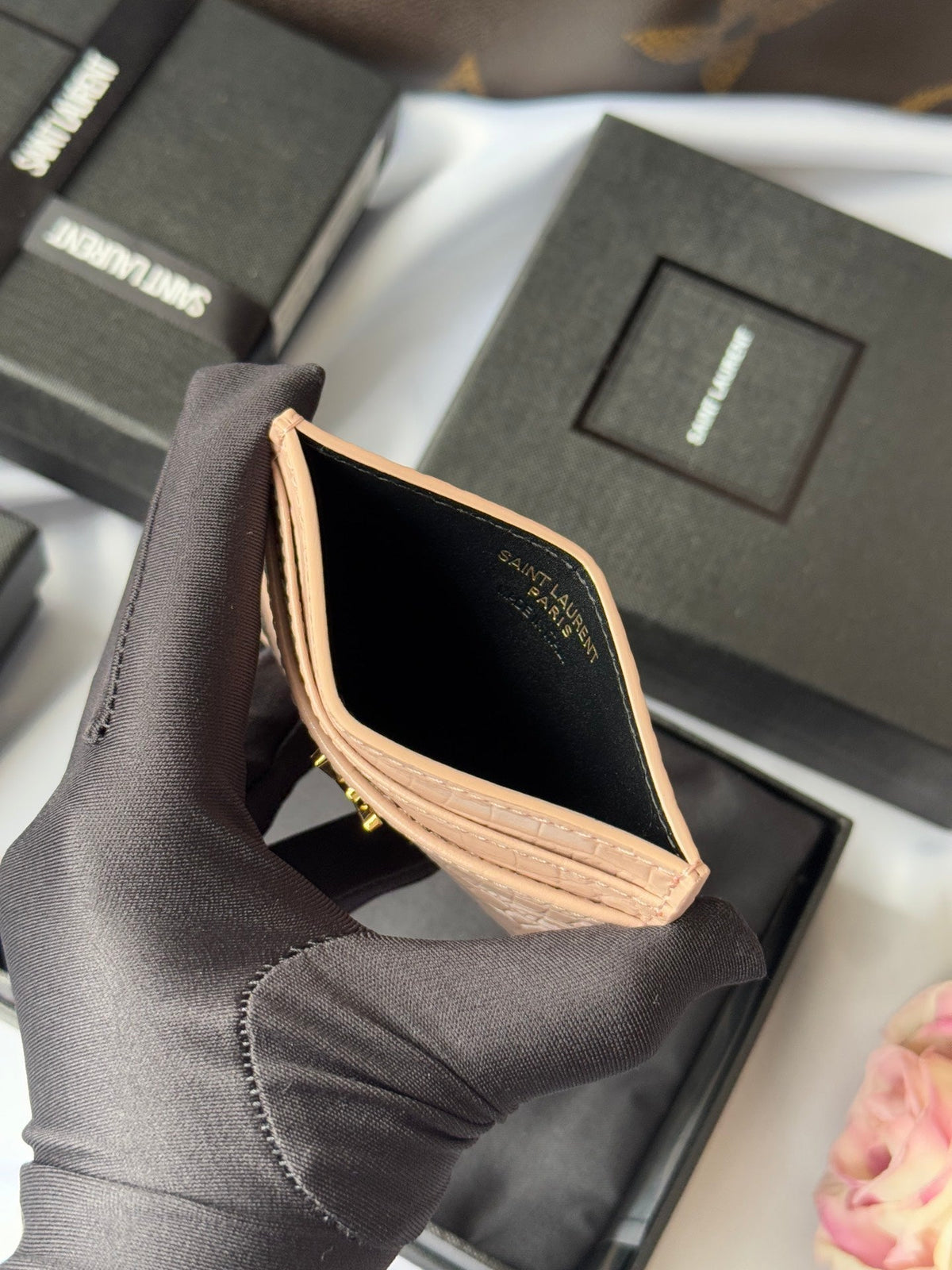YSL Card Holder 10cm Wallet Pink Gold Crocodile Leather 240557