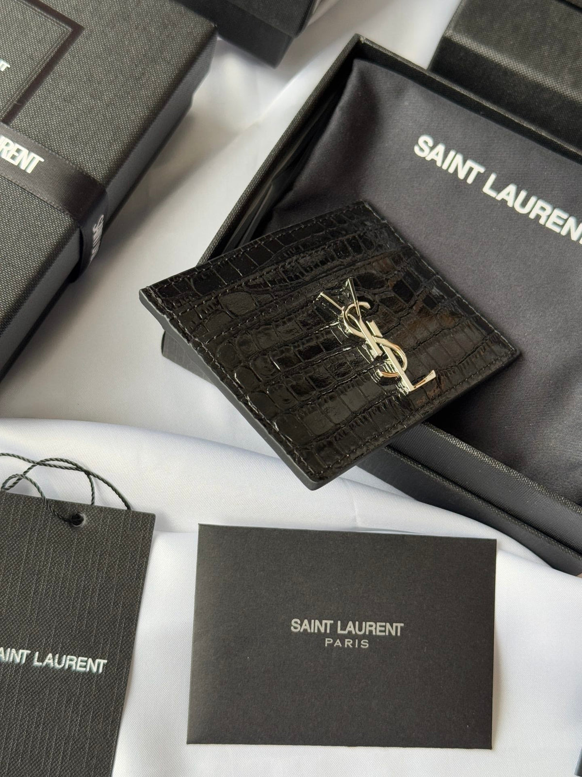 YSL Card Holder 10cm Wallet Black Silver Crocodile Leather 240554