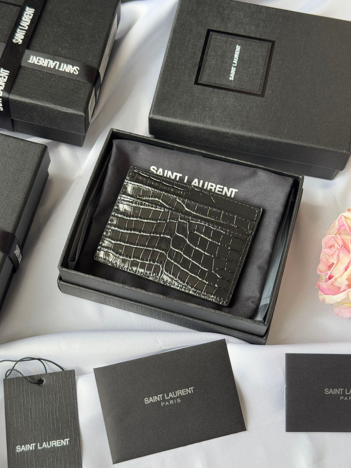 YSL Card Holder 10cm Wallet Full Black Crocodile Leather 240552