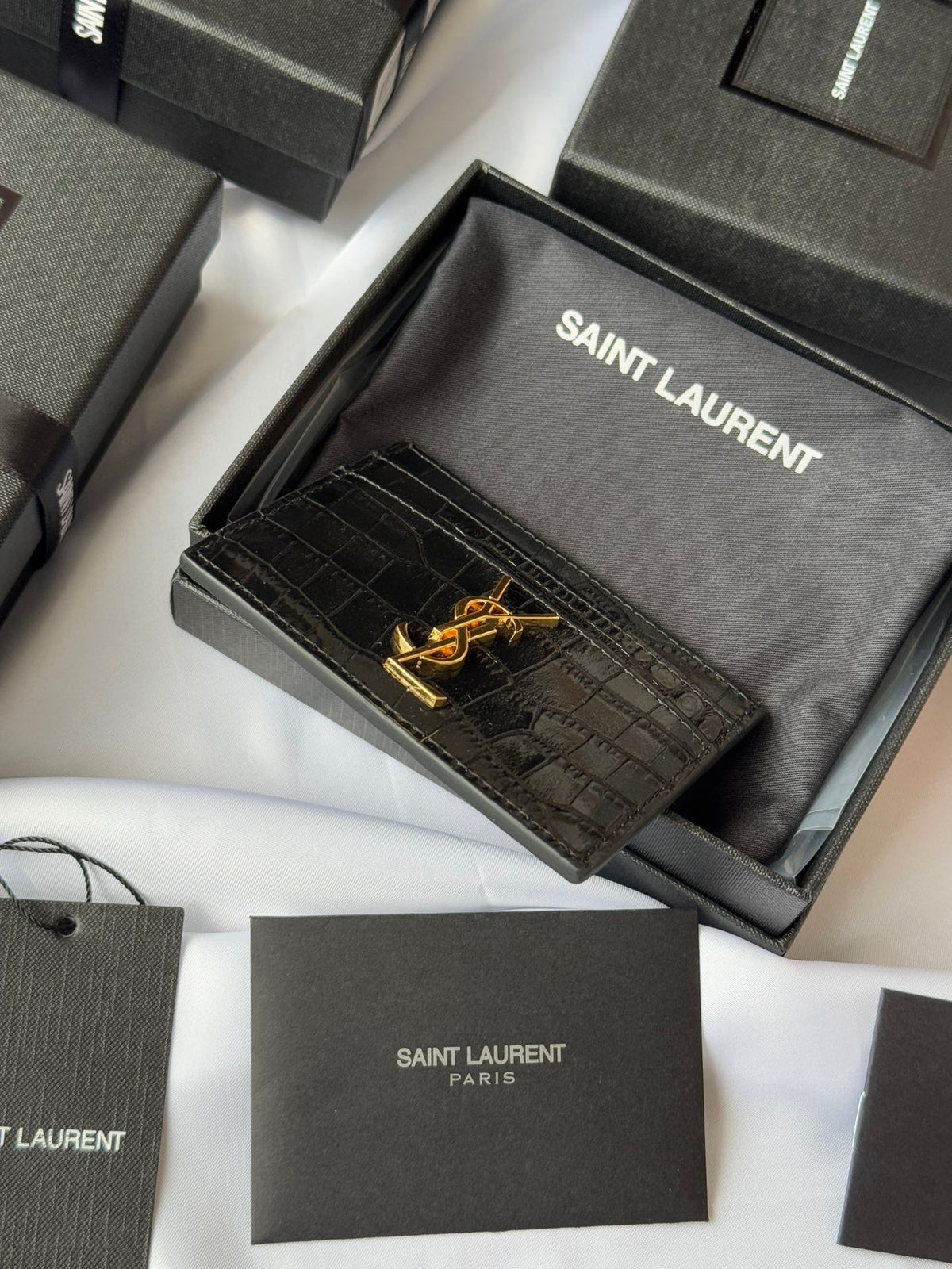 YSL Card Holder 10cm Wallet Black Gold Crocodile Leather 240550