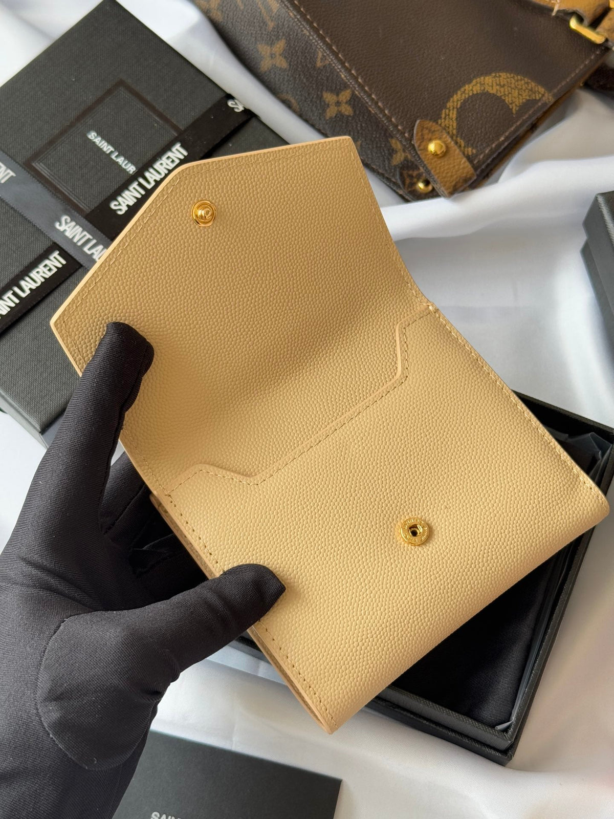 YSL Tri-fold Wallet Beige Gold Cowhide 242756