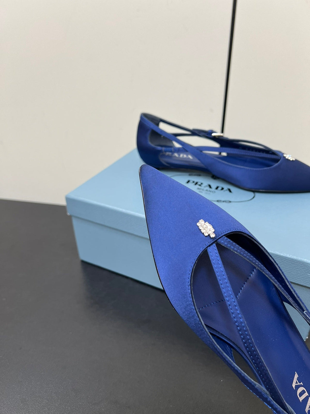 CUT-OUT BALLERINA FLAT IN NAVY BLUE SATIN ATTACHED BEAD BUCKLE