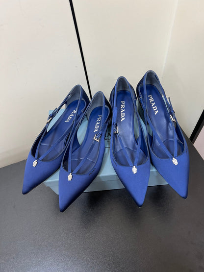 CUT-OUT BALLERINA FLAT IN NAVY BLUE SATIN ATTACHED BEAD BUCKLE