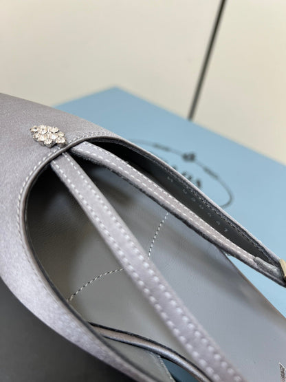 CUT-OUT BALLERINA FLAT IN WARM GRAY SATIN ATTACHED BEAD BUCKLE