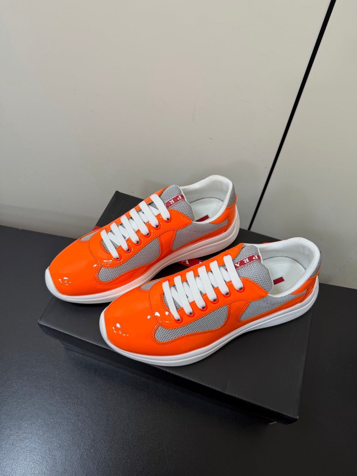 Prada America's Cup Sneaker Orange Patent Leather Mesh 618920