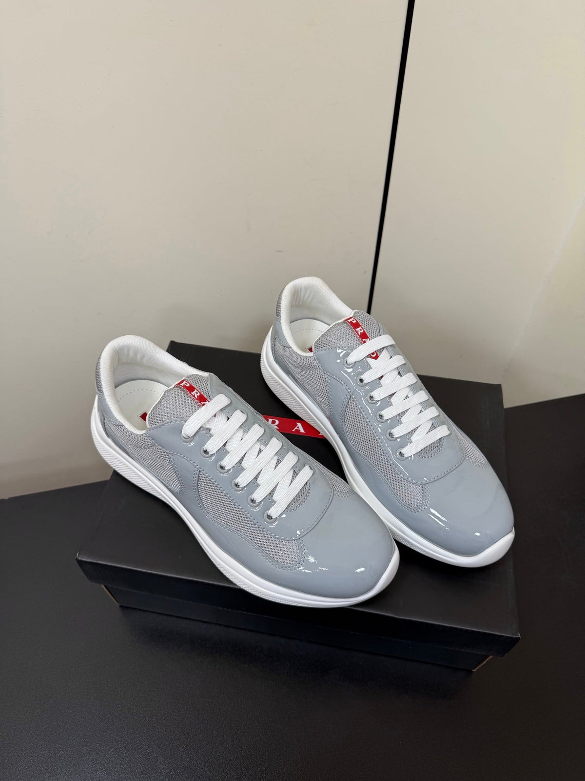 Prada America's Cup Sneaker  Grey White Patent Leather Mesh 618927