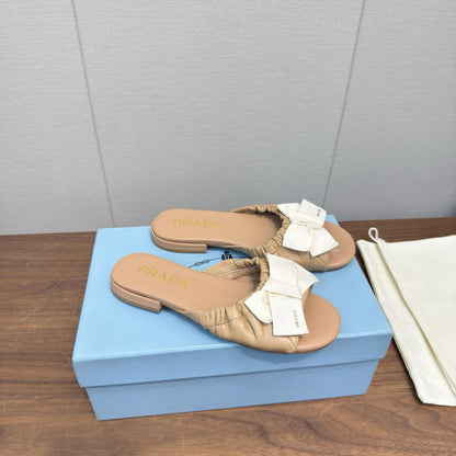Prada Bow Slide Sandals Brown Sheepskin 836555