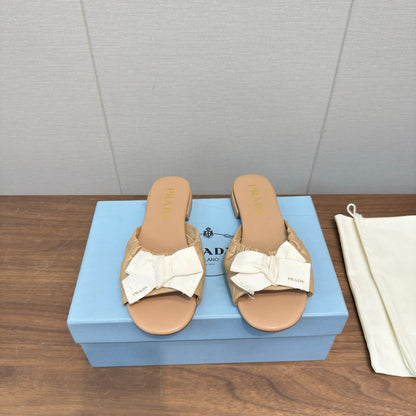 Prada Bow Slide Sandals Brown Sheepskin 836555