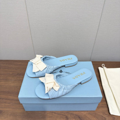 Prada Bow Slide Sandals White Blue Sheepskin 836555