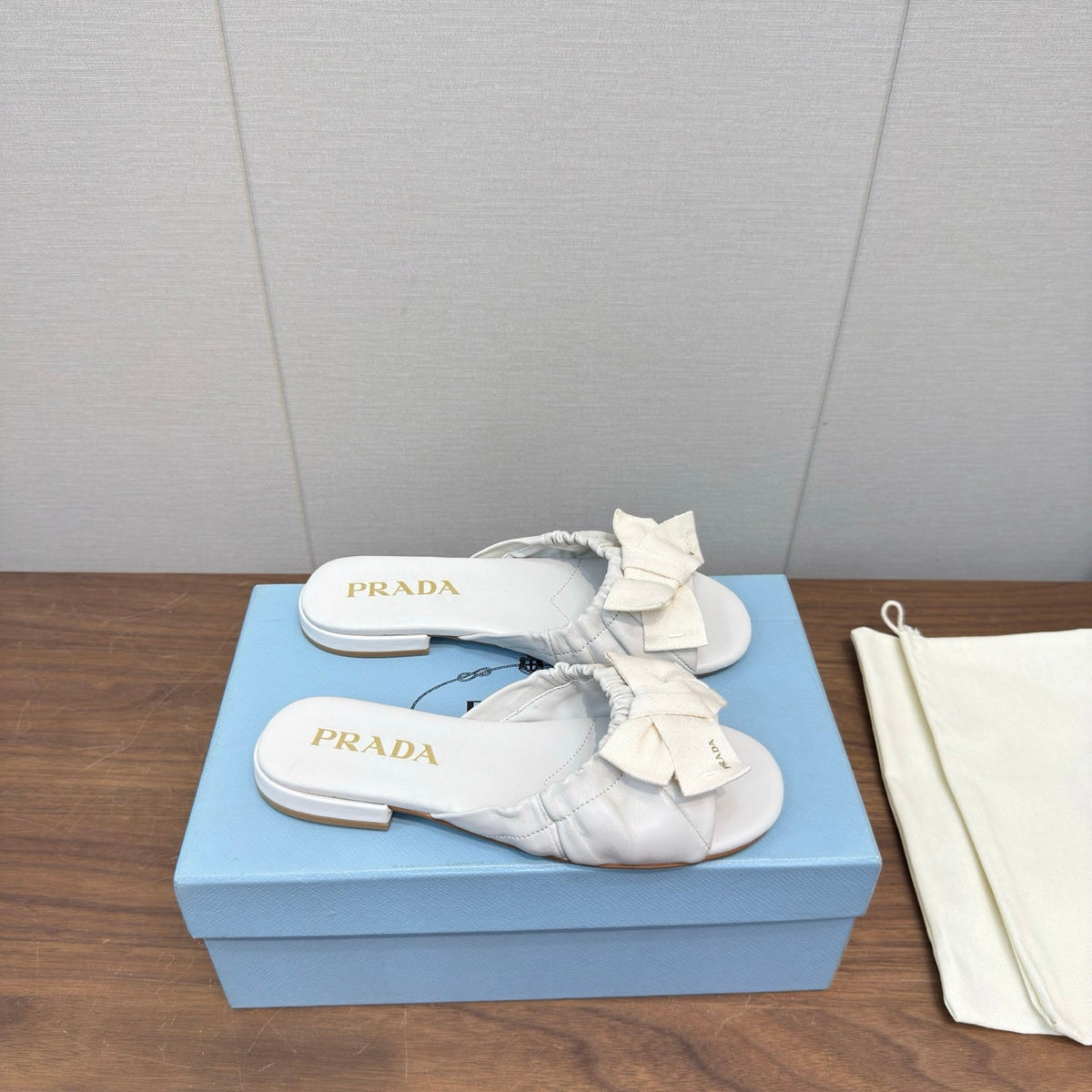Prada Bow Slide Sandals White Sheepskin 836555