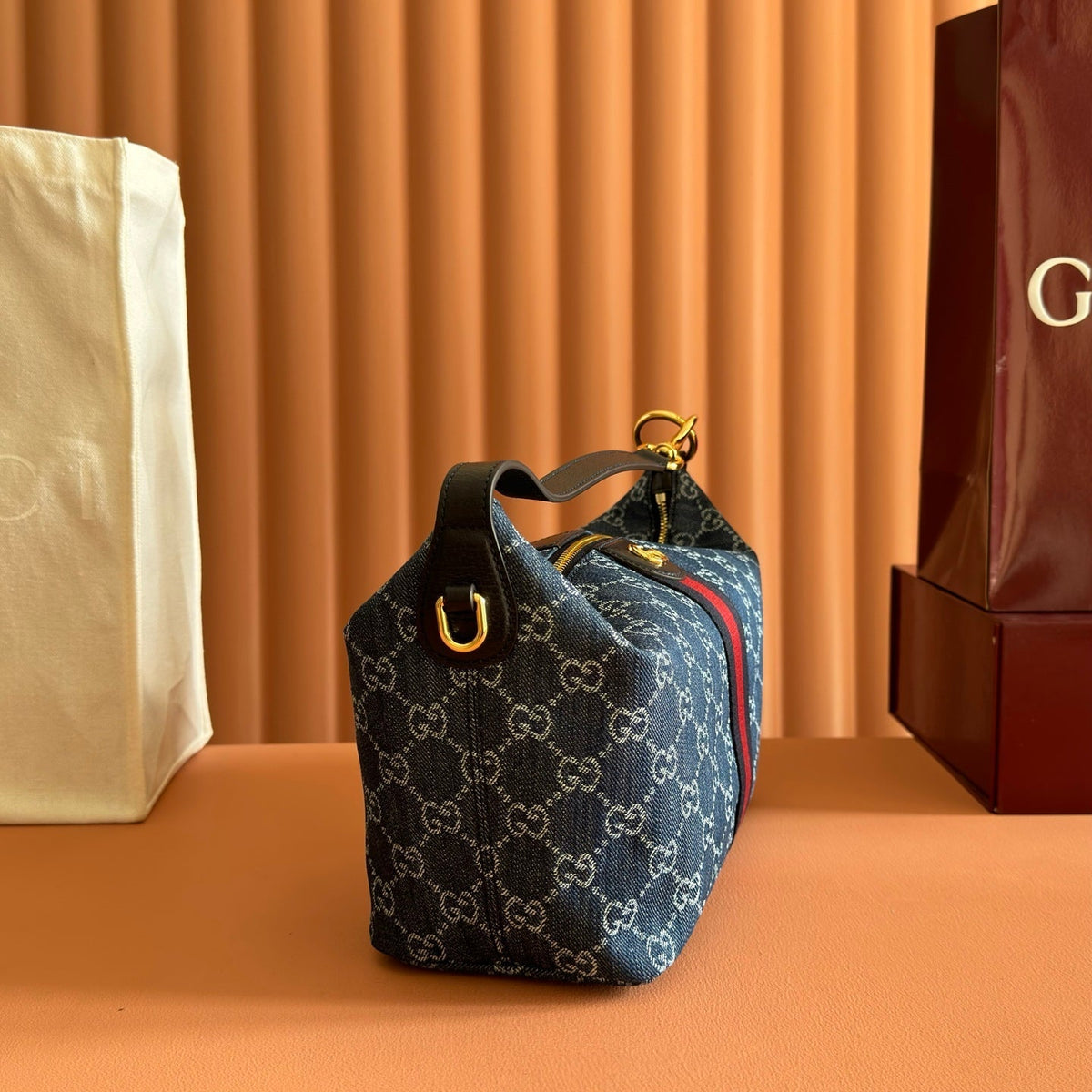 Gucci 2026 Vanity GG-Canvas Top Handle Bag 27.5cm Blue Denim Leather 277185