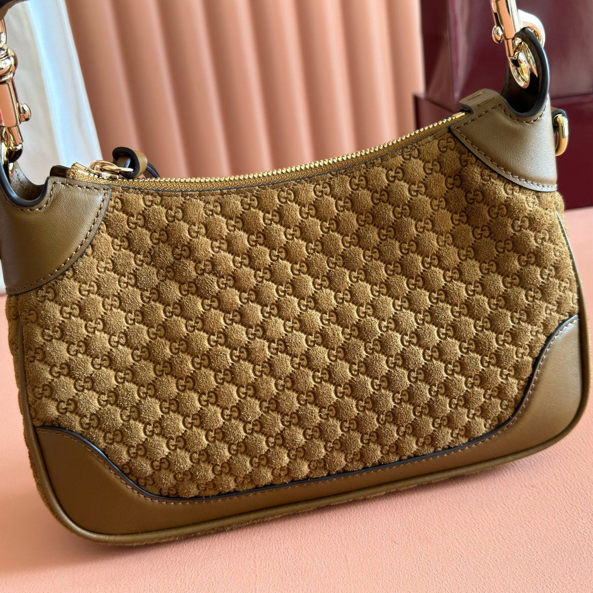 Gucci 2026 B Shoulder Bag 25cm Brown Gold Suede Leather