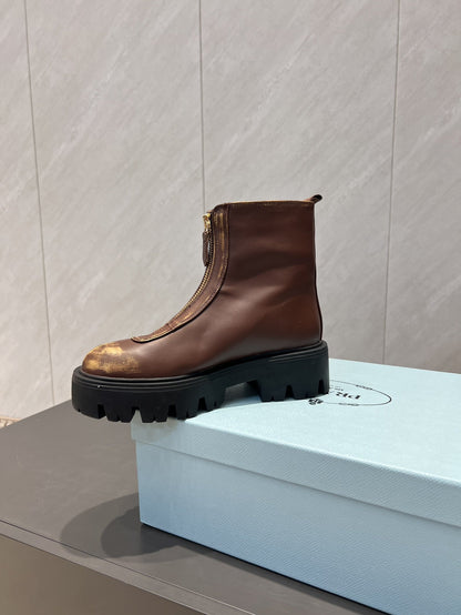 Prada 25 Martin Boots Brown Black Cowhide 501672