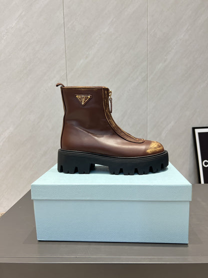 Prada 25 Martin Boots Brown Black Cowhide 501672