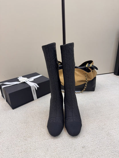 CC 26 Wedge Boot With Quilted Camellia Pattern Black Fabric 588892